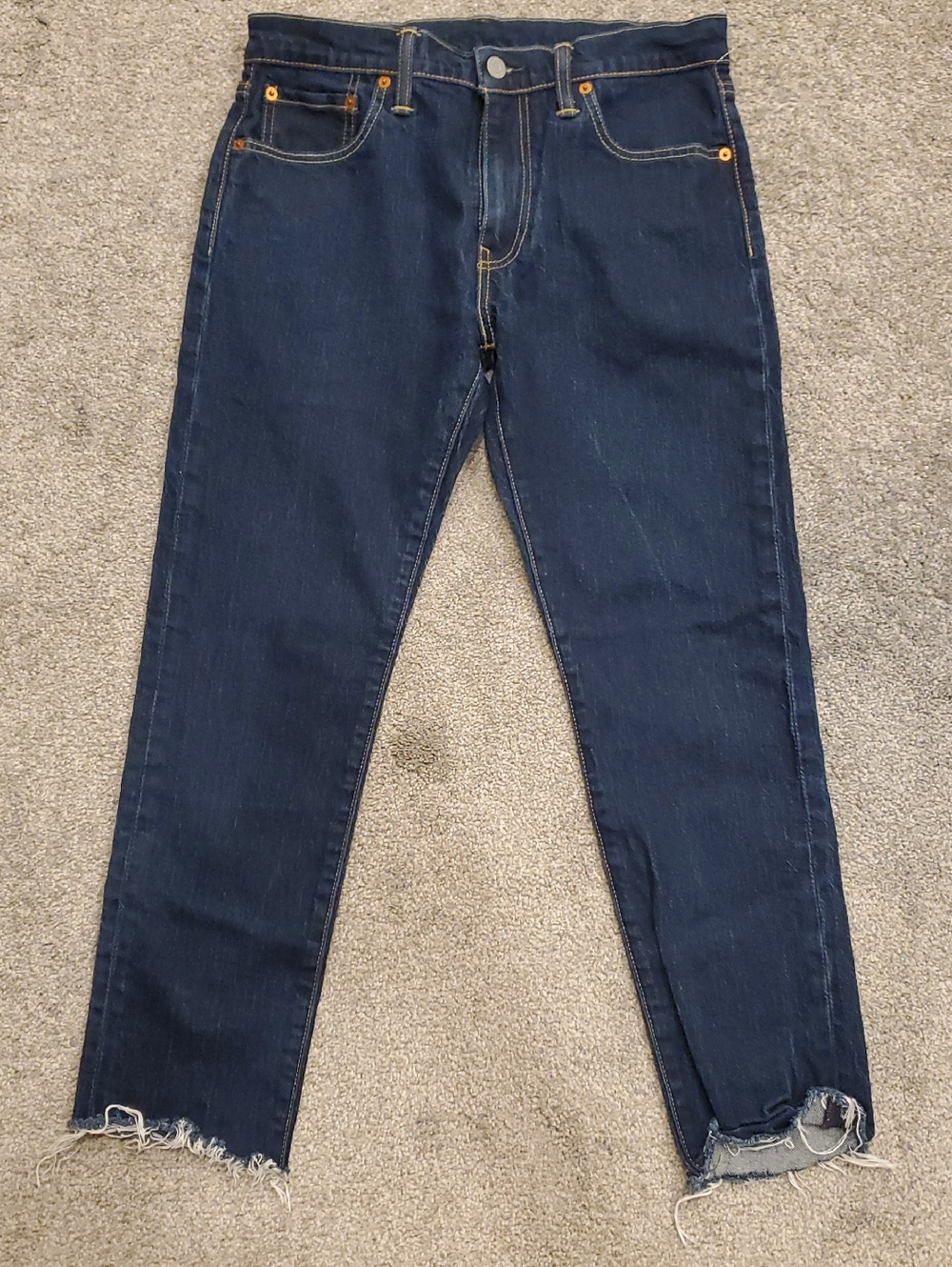 Levis -512 Dark blue with gold and white contrast stitching, Raw Edge Ankles